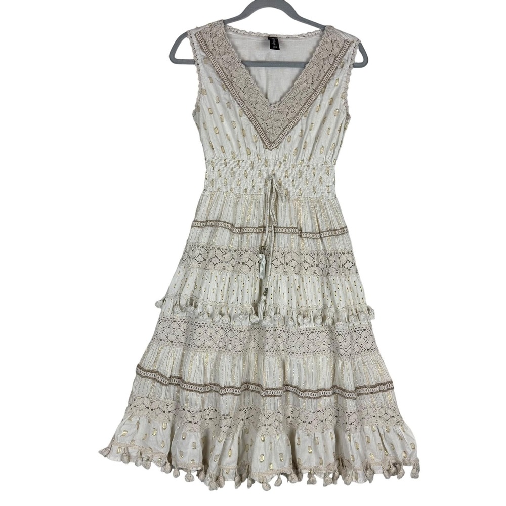 Me 2 Magic Dress Womens M White Gold Polka Dot Crochet Smocked Boho Sundress